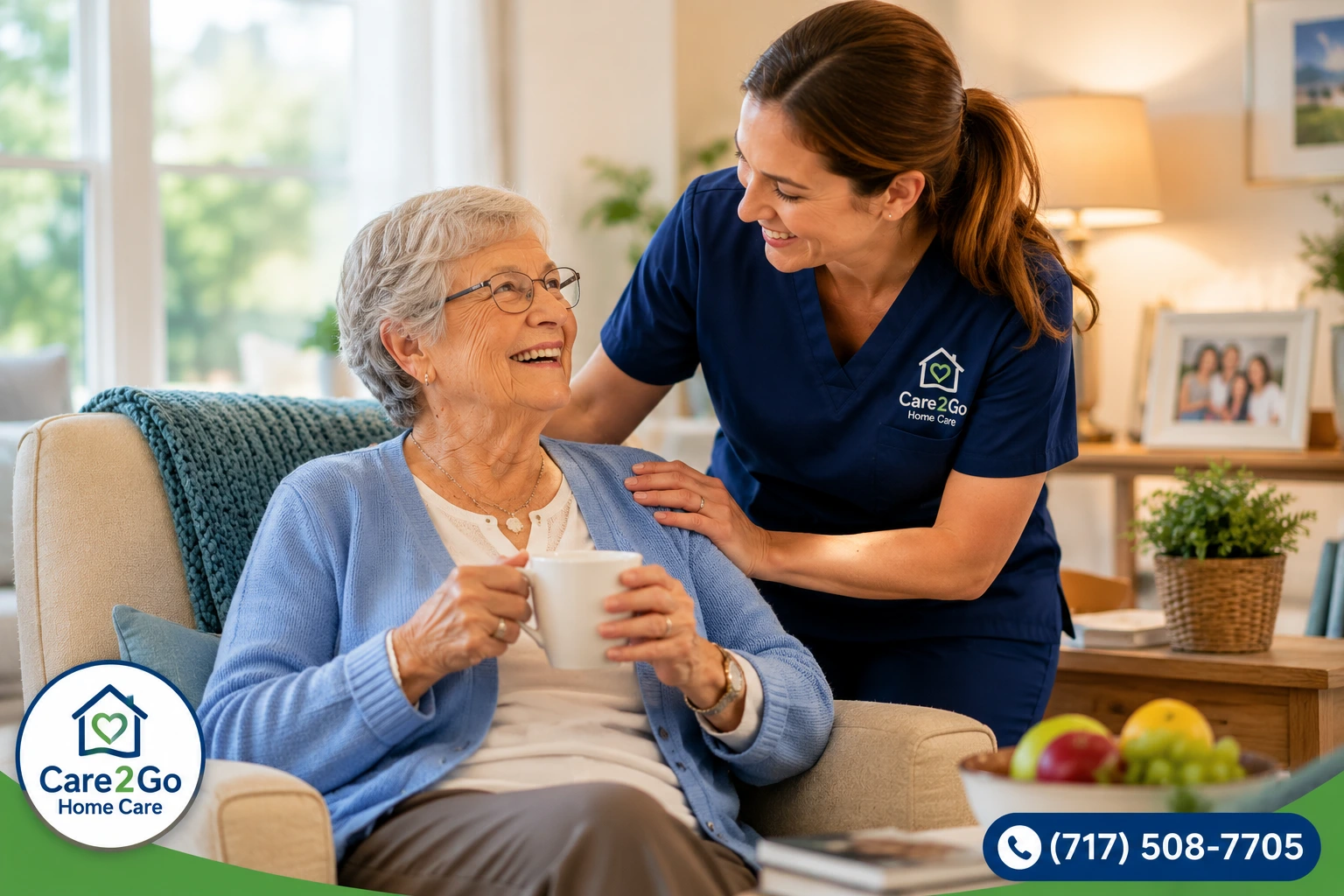 Caregiver providing compassionate home care in Harrisburg PA to an elderly senior at home