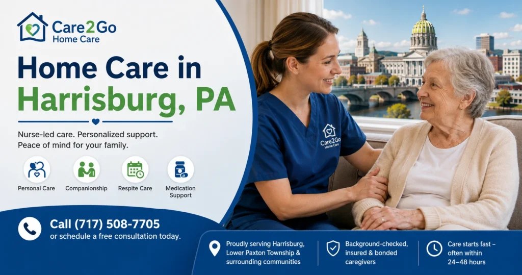 Home care in Harrisburg PA Care 2 Go nurse providing personal care and companionship to senior client