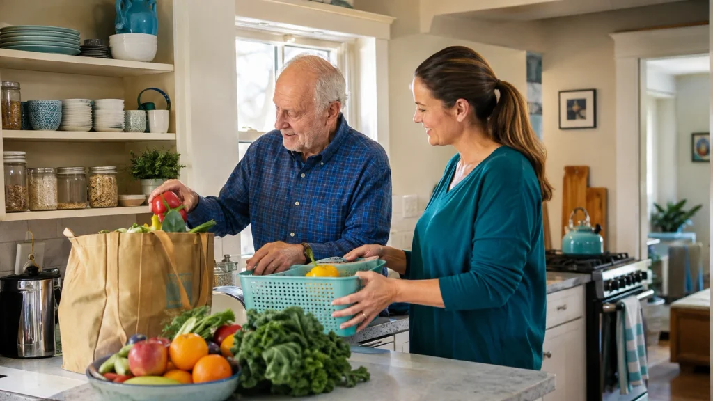 caregiver- helping-senior-organise-groceries -at -home
