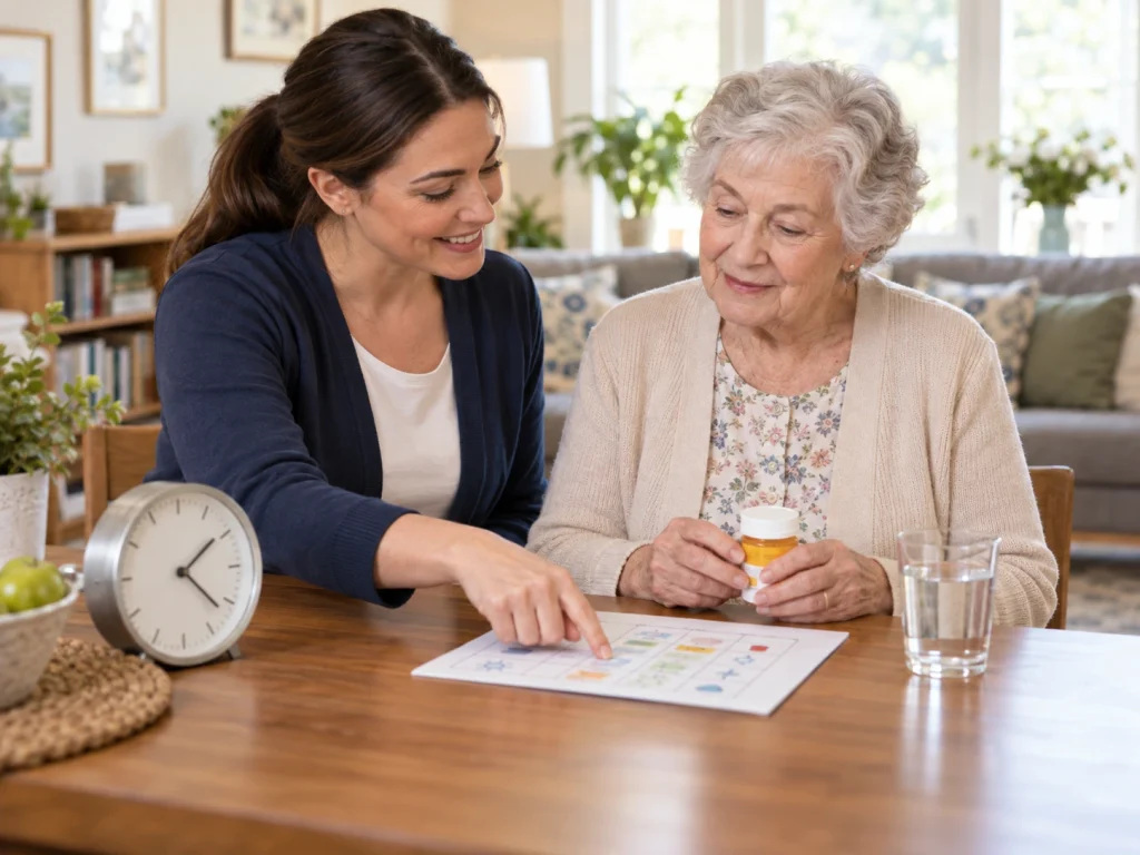 Care 2 Go caregiver reminding a senior to take her prescribed medication at home.