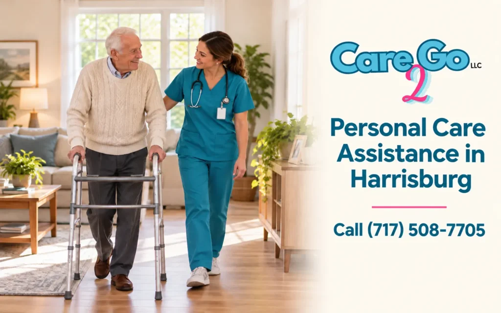 Caregiver helping an elderly woman put on a cardigan, with Care 2 Go branding for personal care assistance in Harrisburg