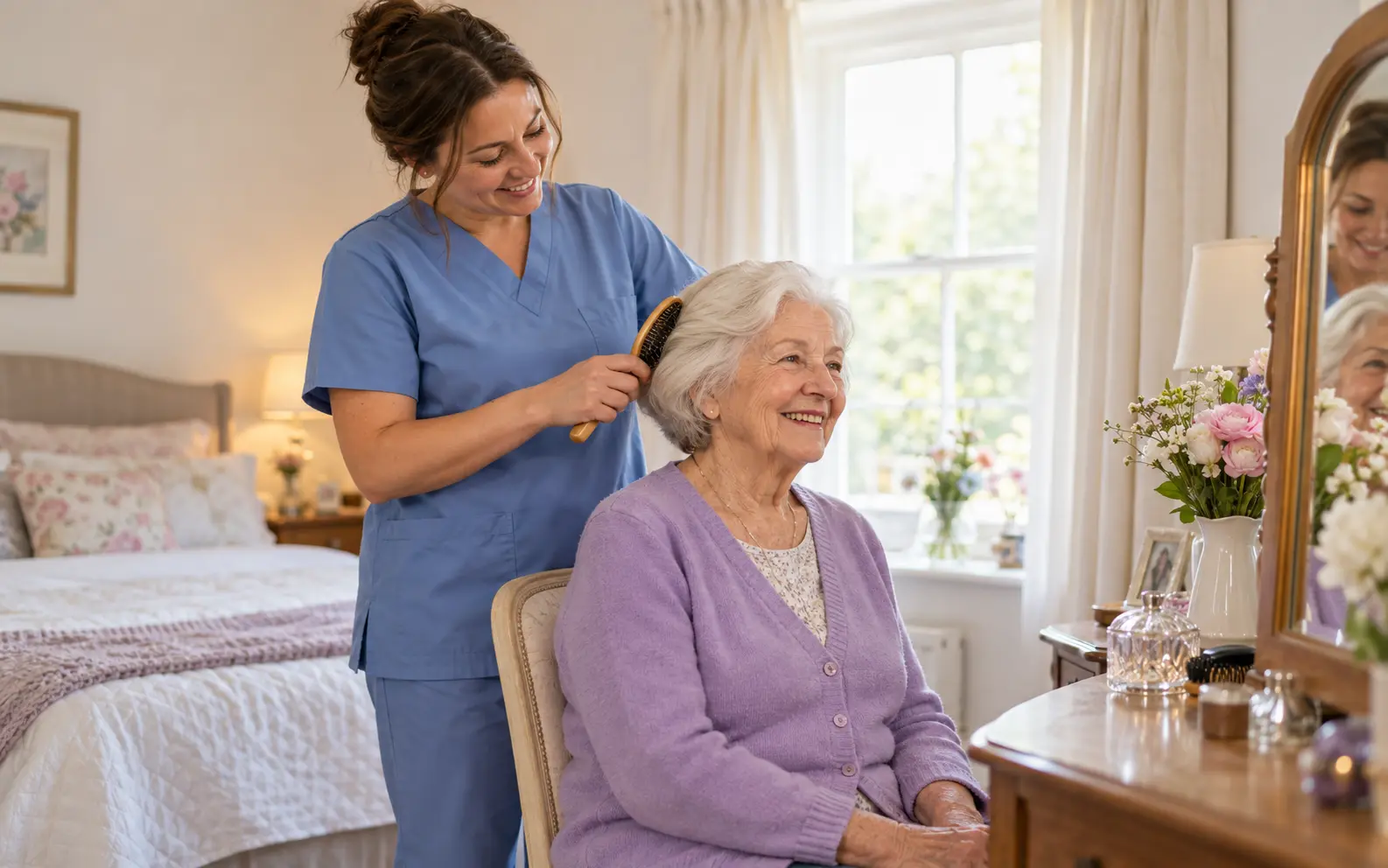 Care 2 Go home care nurse gently brushing an elderly woman’s hair as she sits at a dressing table at home.